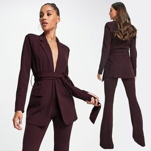 ASOS Burgundy Maroon Jersey Suit Blazer Belted Corporate Business Formal Event